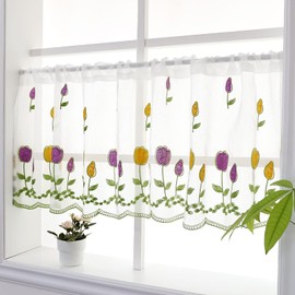 ArtisticHome Lace Short Kitchen Curtain Valance, Light Filtering Valance for Kitchen Windows Living Room 19 Inch, Rod Pocket Cafe Short Curtain with Tulip Embroidered, 50x150cm