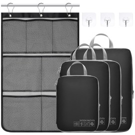Cambond Compression Packing Cubes for Travel - 5 Set Compression Cubes Luggage Suitcase Organizers with Portable Quick Drying Mesh Shower Caddy Hanging for Cruise Ship Essentials Travel Accessories