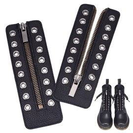 PH PandaHall Leather Lace-in Boot Zipper Inserts, 6.1 x 2.1 Inch 8 Metal Eyelets Zipper Boot Laces Black No Tie Shoe Laces for Adults Men Women Tieless Shoe Sneakers Laces Repair DIY, Textured
