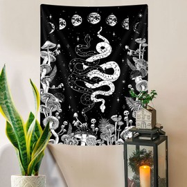 Witchy Snake Vertical Tapestry, Black and White Moon Phase Mushroom Tarot Gothic Tapestries, Cool Botanical Aesthetic Small Tapestry for Bedroom Living Room Poster, 40X60Inch