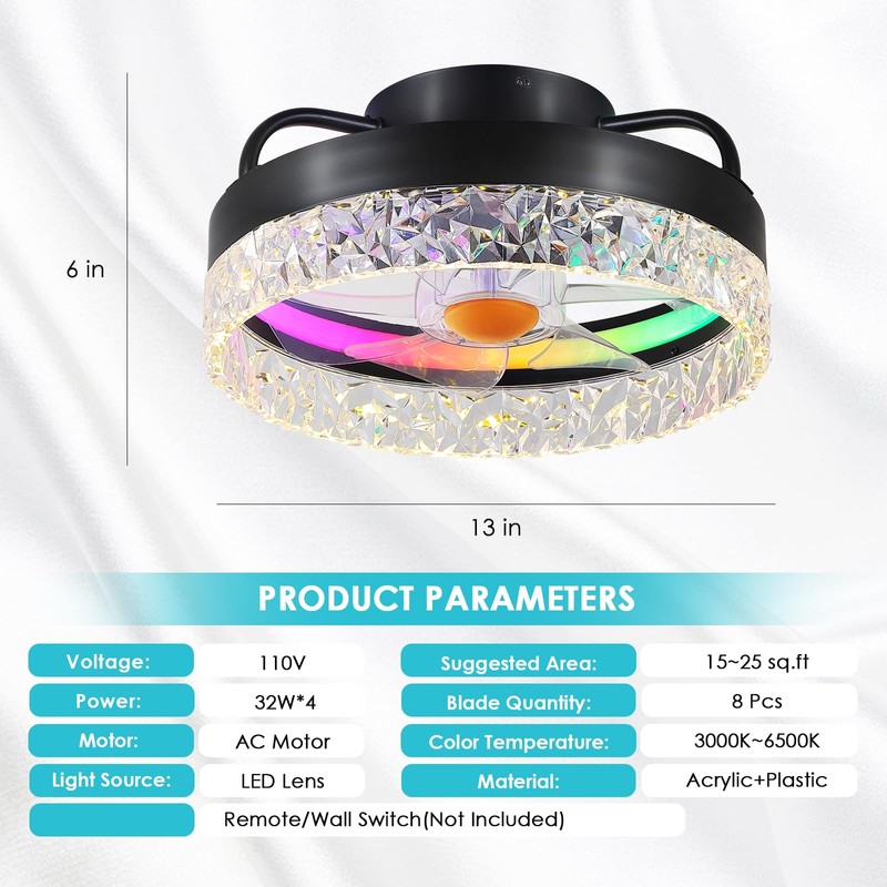 Mpayel RGB Ceiling Fans with Lights and Remote, 13'' Low