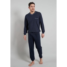 Götzburg Men's Cuffed Pyjamas, Long, Blue-dark plain, 58