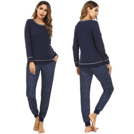 2 Pieces Pajamas Set for Women Soft Cotton Lounge Sets 2 Pieces Pjs Cotton Jogger Sets with Pockets Navy Blue XXL