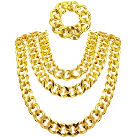 Jadive 4 Pcs Hip Hop Faux Gold Chain Necklace Bracelet Fake Chunky Necklace Stainless Steel Punk Jewelry for 80s 90s Rapper(12 Inch, 20 Inch, 32 Inch, 36 Inch, Fresh Style)
