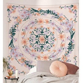 Simpkeely Pink Mandala Floral Medallion Tapestry, Sketched Clara Flower Plant Boho Wall Hanging, Bohemian Hippie Tapestries for Bedroom Living Room Dorm Home Décor - 69 x 90 Inches (Pink)