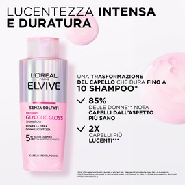 L'Oréal Paris Elvive Glycolic Gloss Kit 4 Prodotti per Capelli Spenti, Porosi e Opachi, con Acido Glicolico. Shampoo Senza Solfati, Balsamo, Trattamento Laminazione e Siero Senza Risciacquo