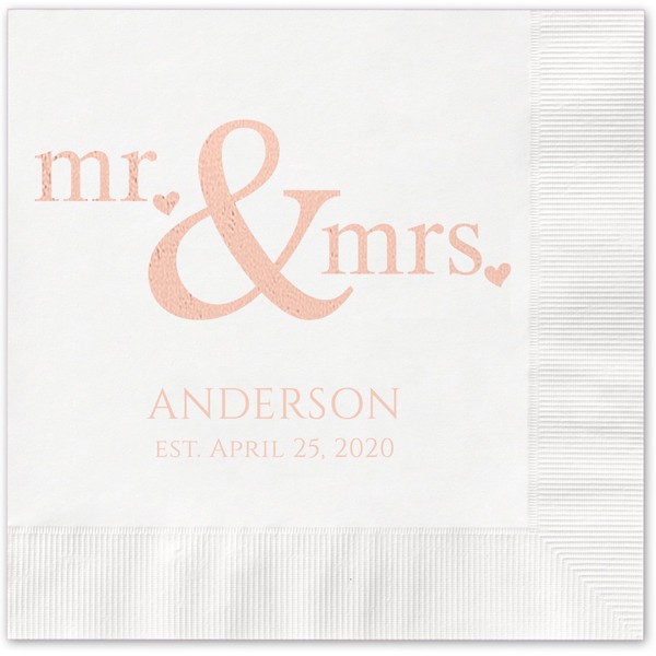 Mr and Mrs Hearts Personalized Luncheon Napkins - 100 Custom Printed White Paper Coined Napkins with a choice of foil. 6 1/2'' x 6 1/2'' folded, Made in the USA