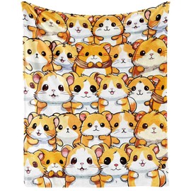 CaomeiWu Hamster Blanket for Human, 60" x 50" Flannel Cute Hamsters Themed Stuffed Animal White Throw, Soft Nap Throw Blanket for Home, Office for Boys Girls Women Hamster Lovers Gifts