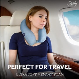 Sealy Neck Pillow – Memory Foam Travel Neck and Travel Pillow for Airplane, Car, and Home Use – Ergonomic U-Shaped Design for Maximum Sleeping Comfort, Blue