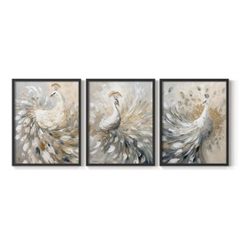 Renditions Gallery Set of 3 Peel & Stick Framed Prints, Abstract Wall Art, Elegant Peacock in a Golden dream Wall Decor, Re-Stickable - Ready to Hang - 16"x20" - Black Frame LT604