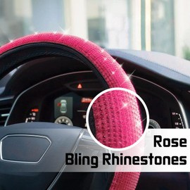 Steering Wheel Covers with Bling Rhinestones, 38 Cm/15 Inch Universal Fit Steering Wheel Cover Girly Boys with Sparkly Crystal Diamond, Anti-Skid Car Steering Wheel Protective Cover (Rose)