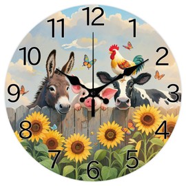 CHGCRAFT Farm Pattern Wall Clock 12 Inch Non-Ticking Clocks Cows and Pigs Round Wall Hanging Clock Battery Operated for Bedroom Living Room Kitchen Office