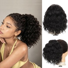Ameyra Drawstring Ponytail 8 Inch Short Curly Ponytail Extension for Black Women Natural Black Wavy Pony Tails Hair Extensions Fake Hairpiece Clip in Ponytails-2#