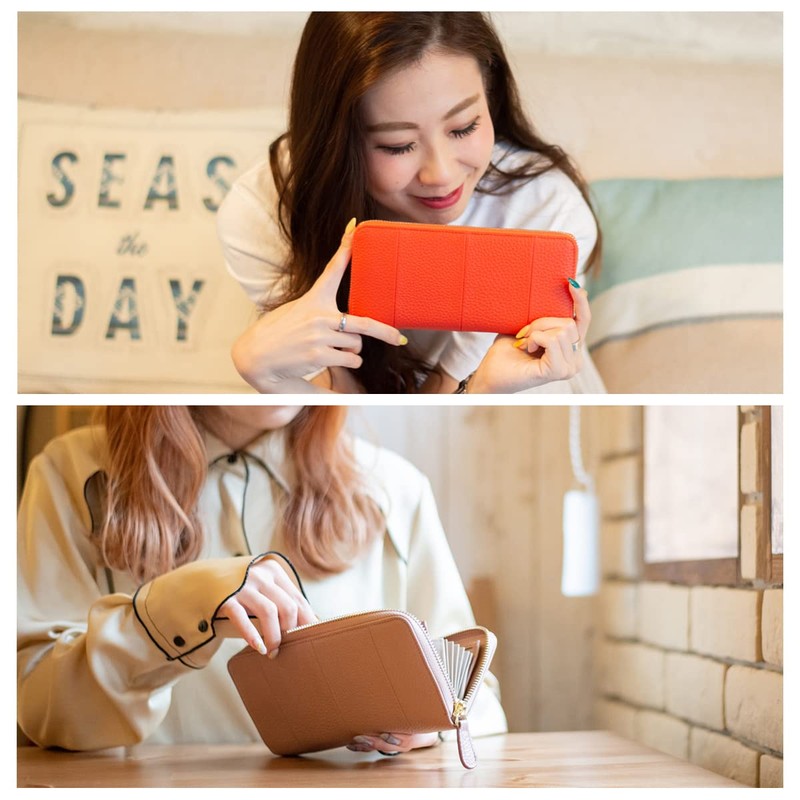 RafiCaro Women's Wallet, YKK Zipper, Cowhide Leather, Long Wallet, Green,