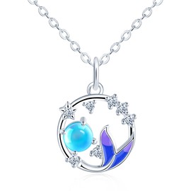 CONILOK Moonstone Fishtail 925 Sterling Silver Necklaces for Women Teenage Girls Friend Mum Zircon Pendant Necklace Fashion Jewellery Ladies Gifts Birthday Christmas Valentine Mother's Day Presents