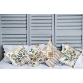 Ambesonne Eucalyptus Throw Pillow Cushion Cover Set of 4, Botanical Leaves and Flowers with Antique Abstract Geometric Motif, Decorative Accent Double-Sided Printing, 24", Cinnamon Blue Grey Green