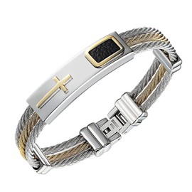 OAKKY Men's Stainless Steel Religious Bible Lords Prayer Cross Cuff Bangle Bracelet Wire Braided Twisted The Honor of Knight 22CM Silver Gold