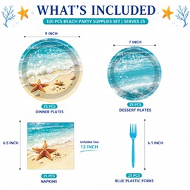 100 Pcs Beach Tableware Set Serves 25 – Disposable Ocean Starfish Paper Plates Napkins Forks, 9 Inch 7 Inch Plates Summer Tropical Coastal Pool Birthday Party Supplies