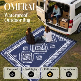 OMERAI Outdoor Rug 5x8 ft, Reversible Outdoor Plastic Straw Rug Vintage Rug Outdoor Patio Rug Waterproof RV Mat Carpet, Indoor Area Rugs for Camping Deck Balcony Picnic Beach, Blue & White