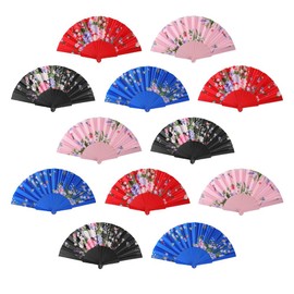 HUNANBANG 1 Dozen Oriental Flowers Japanese Folding Hand Fans Spanish Church Wedding Vintage Gift, Party Favors, DIY Decoration retro Gift Size 8 1/4" Wholesale (12pack)