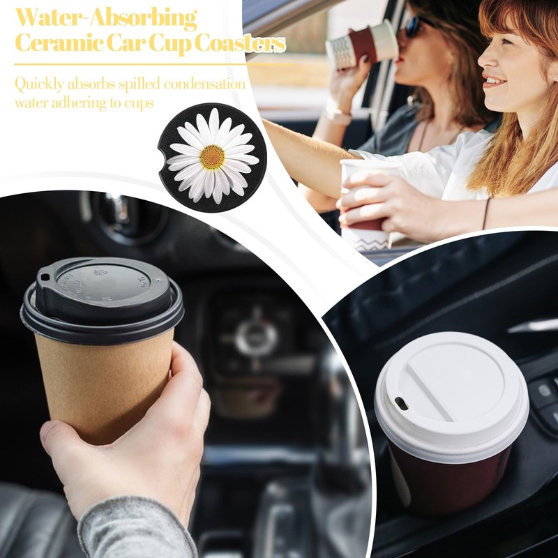 4Pcs Daisy Car Coasters for Cup Holders, Universal Non-Slip Absorbent