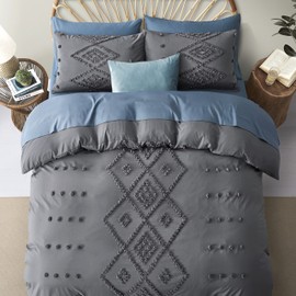Oli Anderson Tufted Duvet Cover King Size, Soft and Lightweight Duvet Covers Set for All Seasons, 3 Pieces Boho Embroidery Shabby Chic Bedding Set (Grey, King, 104’’ x 90’’)
