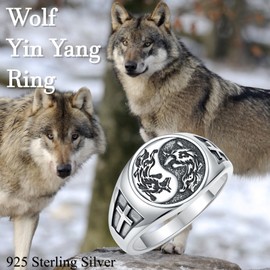 SIMONLY Wolf Ring 925 Sterling Silver Yin Yang Ring Witcher Medallion Cross Rings for Men Viking Wolf Jewelry Christmas Birthday Gifts Unisex_Size 10