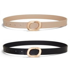 YooAi - Cinturón de piel delgado para mujer con hebilla ovalada dorada para pantalones de vestir, Negro+beige (paquete de 2), M: Fit Waist 30"-34"