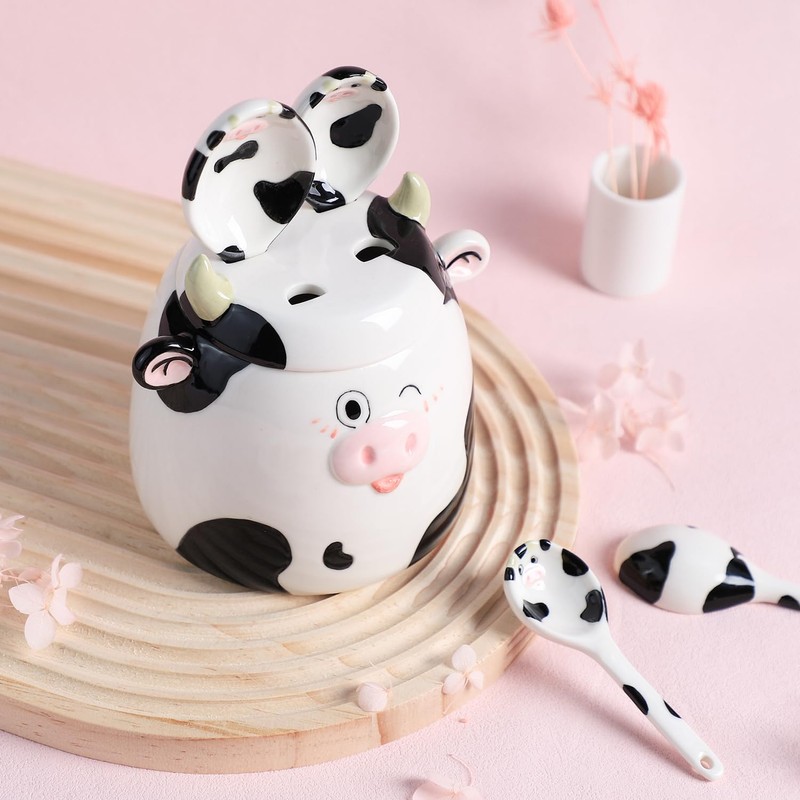 Sizikato 4pcs Porcelain Measuring Spoons with Base, Cow Shaped Ceramic