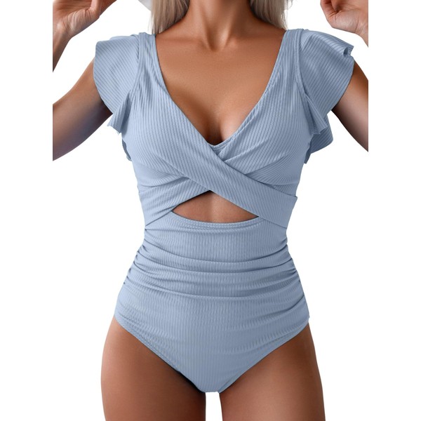 B2prity Women's One Piece Swimsuit Ruffle Cutout Bathing Suits Slimming