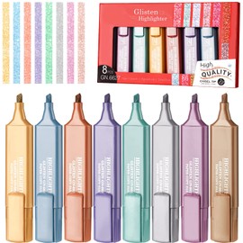 NiArt Metallic Glitter Highlighters Set of 8 Subtle Colors with Chisel Tips, Flexible Line Width and Smudge-Proof Water-Based Ink for Sparkling Note-Taking