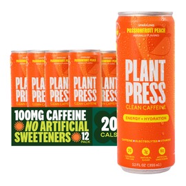 Plant Press - Organic Energy Drink, 100 mg Caffeine Clean Coffee Alternative, Full Range of Vitamins, Electrolytes, No Sugar Alcohols, No Preservatives - Passionfruit Peach (12 Fl Oz, 12 Pk)