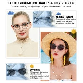 OCCI CHIARI Photochromic Bifocal Reading Glasses Womens Round Blue Light Blocking Readers 1.0 1.5 2.0 2.5 3.0 3.5 4.0 (Gray +100)