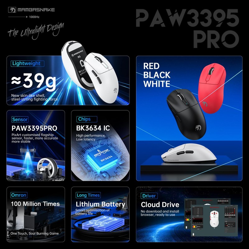 MAMBASNAKE M3 Wireless Gaming Mouse with Lightweight 39g,PixArt PAW3395 PRO