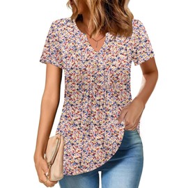 Zeagoo Tee Shirts Womens Short Sleeve Henley Shirts Summer Pleated Tshirts Floral Print Tunic Tops Casual Loose V-Neck Tshirts Pullover Dressy Blouse