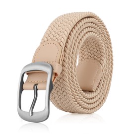 JASGOOD Mens Belt-Elastic Braided Stretch Belt with Covered Leather Buckle for Jeans Woven Trouser Belts for Men and Women,Beige,Fit Waist Size 37"-41"