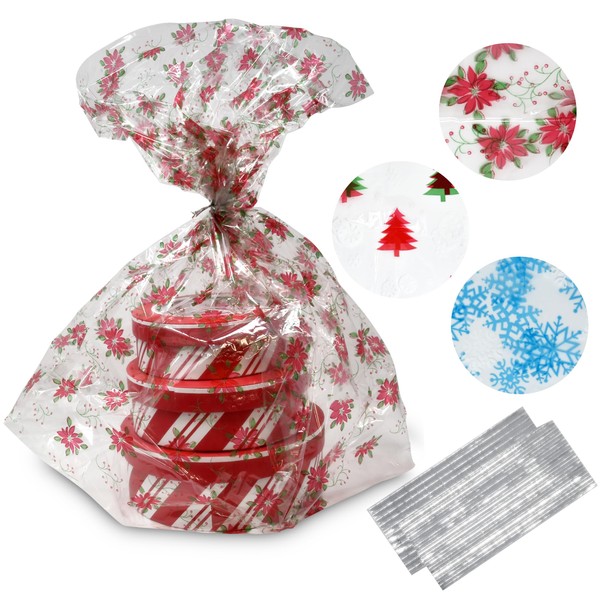 Gift Boutique Plastic Jumbo Christmas Cello Basket Bags, Christmas Cookie Tray Bags Pack of 12 Holiday Goody Party Favor Wrapping Bags 22" x 25"