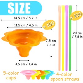 Cmaqpw 200PCS 4oz Colorful Snow Cone Cups Set with 100Pcs Spoon Straws and 100Pcs Cups,Plastic Reusable Flower Shaved Ice Drip Cups Snack Ice Cream Bowls for Birthday Party,Holiday,Summer