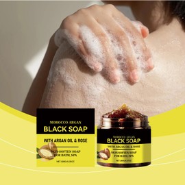 Morocco Body Scrub Black Soap,African Black Soap Bar,Natürliche Marokkanische Schwarze Seife,Marokko Körperpeeling,Weiche Haut für die Meisten Hauttypen Geeignet,180G