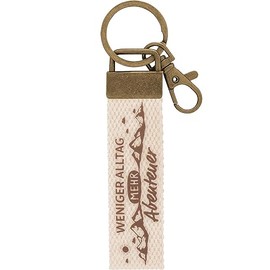 GRUSS & CO 48412 Canvas Keyring Adventure Design Light Canvas Pendant with Less Everyday Life More Adventure with Carabiner, cream-coloured, Adventure motif