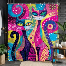Colorful Abstract Cat Shower Curtain 60Wx71L, Vintage Animal Lovers Shower Curtains for Bathroom, Retro Art Shower Curtain Set Home Decor 12 Pack Hooks