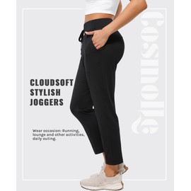 Cosmolle Women Pants Mid Elastic Waist Golf Pants Soft Stretch Ankle Sweatpants Travel Pants with Two Side Pockets (Black, Large)