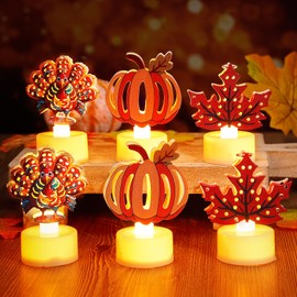 Thanksgiving Tea Lights Flameless Candles - Turkey Pumpkin Maple Leaf LED Fall Decorations for Home, Cute Autumn Indoor Table Candles Harvest Gift, 6PCS