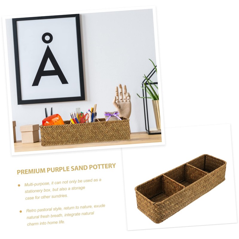 ABOOFAN Natural Seagrass Basket 3 Compartment Storage Box Elegant Desktop