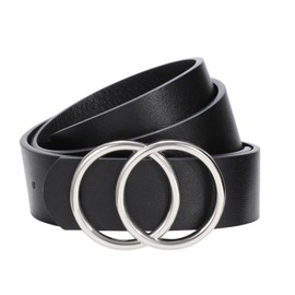 SANSTHS Womens Belt for Jeans Pants Fashion Ladies Leather Belt with Removable Silver Double Ring Buckle,Black, M