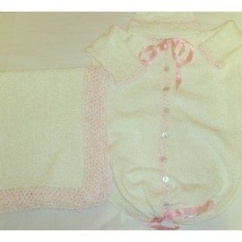 Hand Knitted Natural Chenille Finished By Hand Crochet with Pink Chenille Baby Bunting, Hat Set Matching Blanket