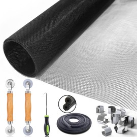 King&Charles Window Screen Door Repair/Replacement Kit, Include Black Screen Mesh 48"x118"+ 2 Roller+50Ft Spline+8Clips+Hook, 6 in 1 Window Mesh Kit, Steel/Nylon Bearing Roller