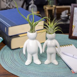 White Ceramic Man and Woman Shaped Planters With Live Tillandsia Air Plants - 4.5" and 4.75" Potted Indoor Plants With People and Pet Holders for Home and Office Decor