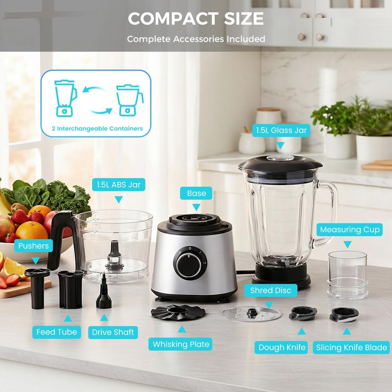 OLIXIS Food Processor with 2 Cups, Electric 1.5L Food Chopper