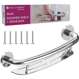 Decorative Grab Bar with Shelf, Plus Shampoo Shelf 19.5 Inch by HEALTHCRAFT, ADA Compliant, Bath and Shower Safety Handle, Wall Mounted Support Bar for Seniors Bathroom in Polished Chrome